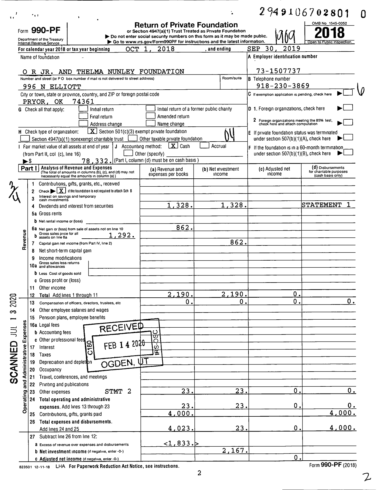 Image of first page of 2018 Form 990PR for O R JR and Thelma Nunley Foundation