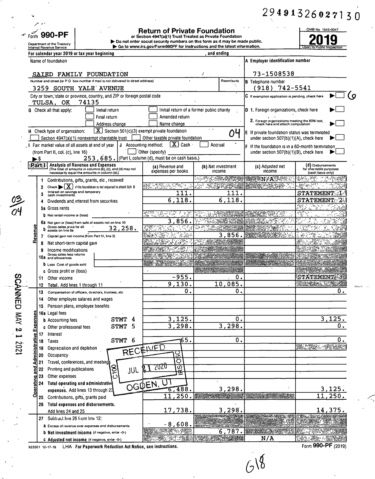 Image of first page of 2019 Form 990PF for Saied Family Foundation