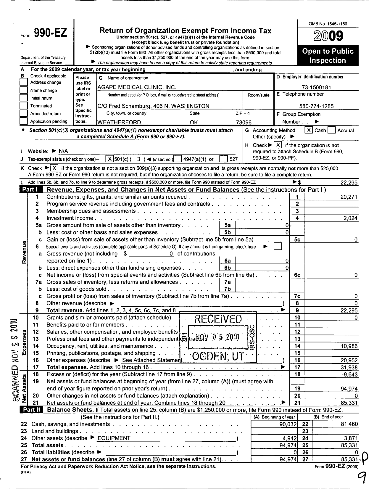 Image of first page of 2009 Form 990EZ for Agape Medical Clinic