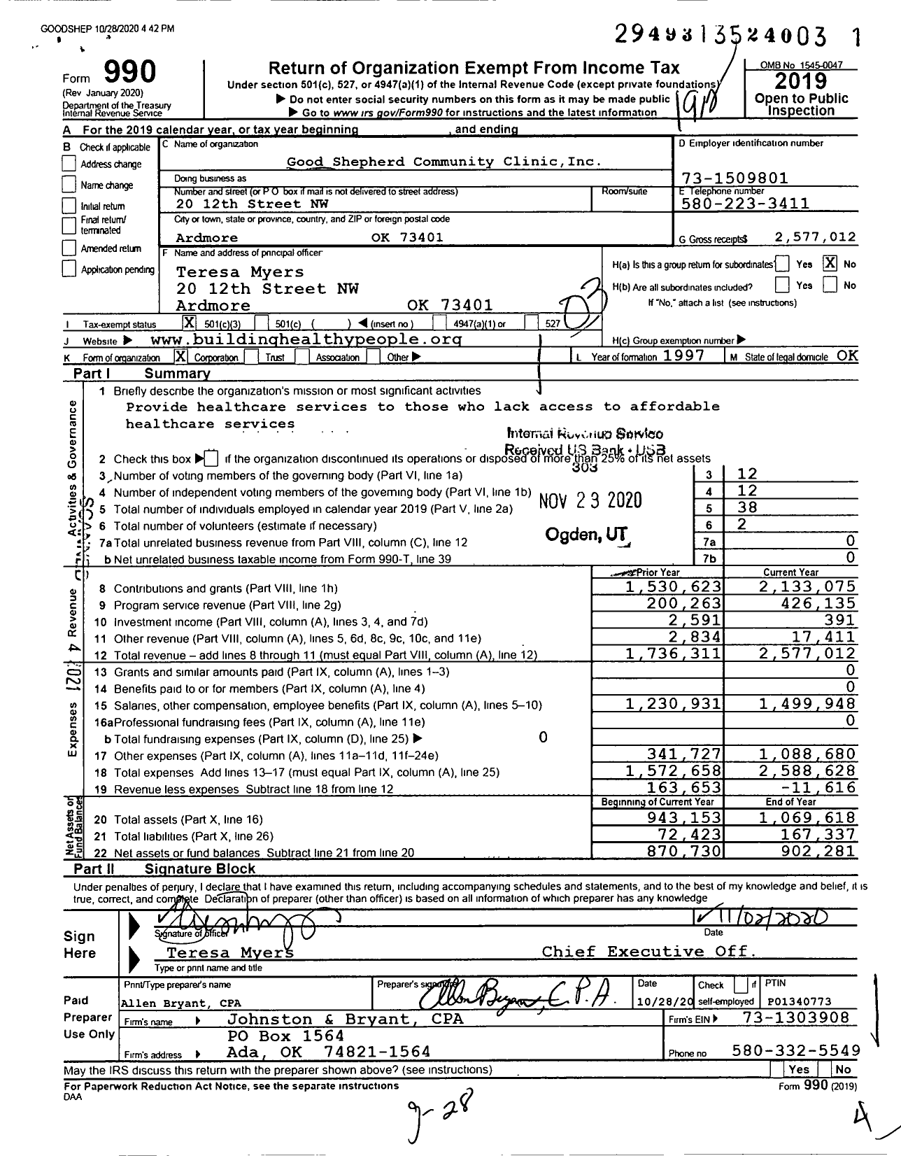 Image of first page of 2019 Form 990 for Good Shepherd Community Clinic