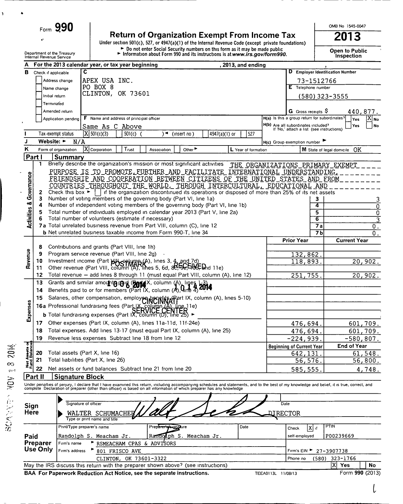 Image of first page of 2013 Form 990 for Apex USA