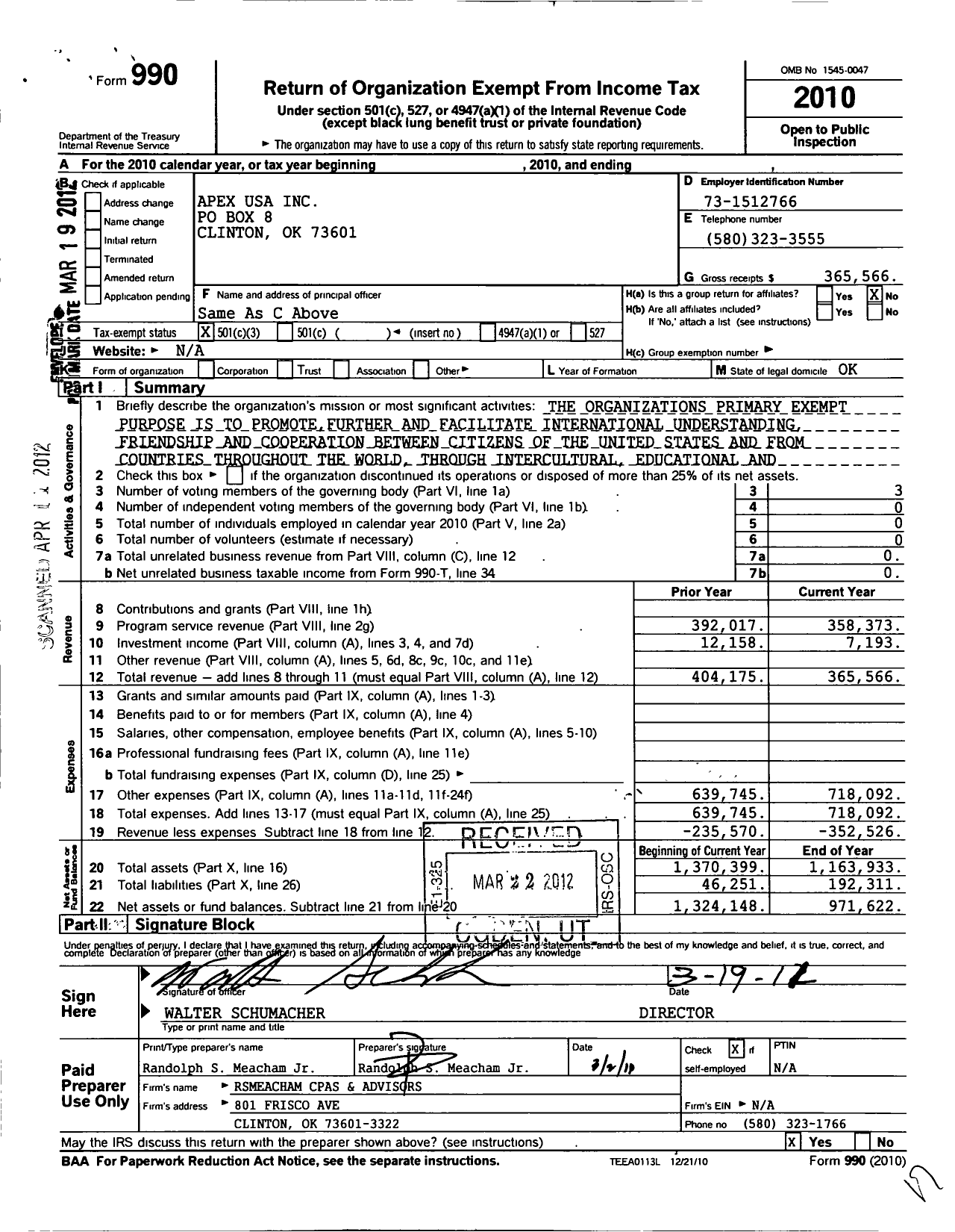 Image of first page of 2010 Form 990 for Apex USA