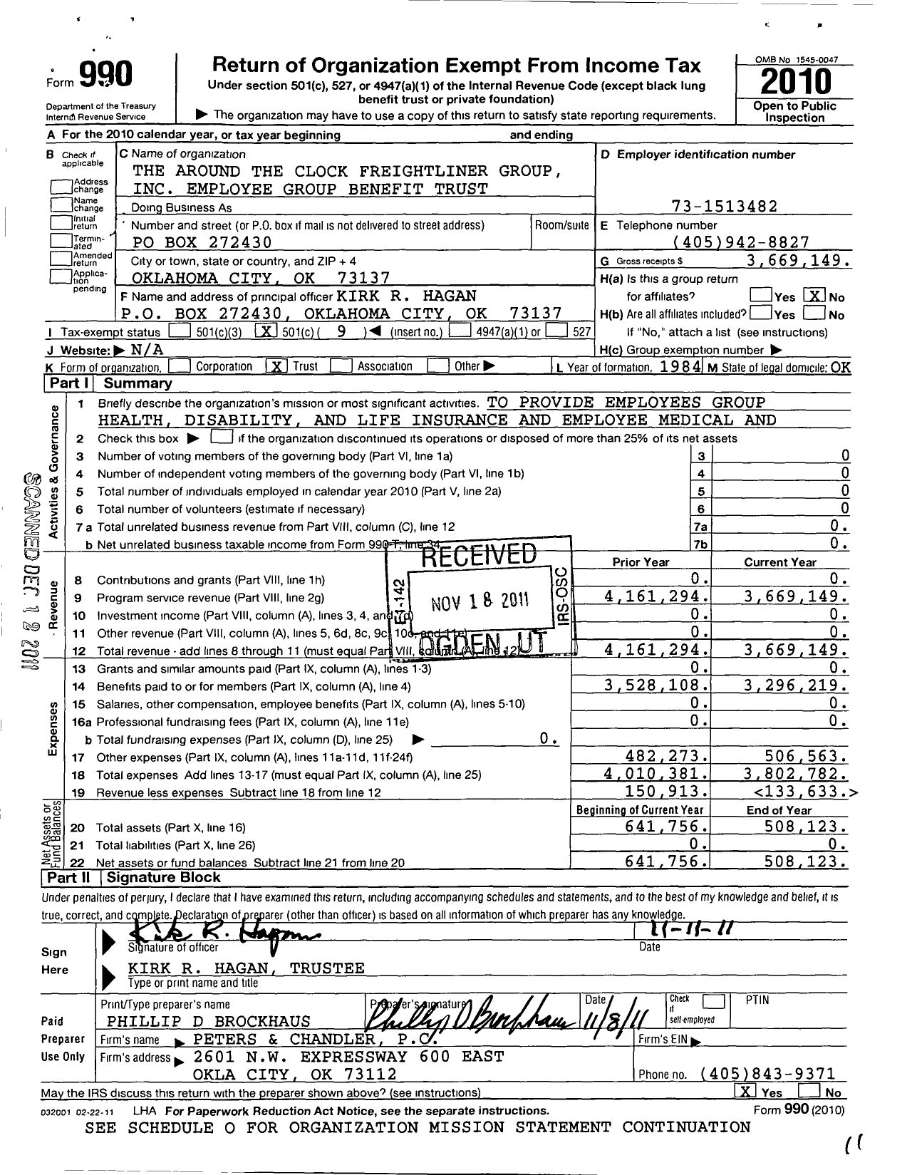 Image of first page of 2010 Form 990O for Around the Clock Freightliner Group Employee Benefit Trust