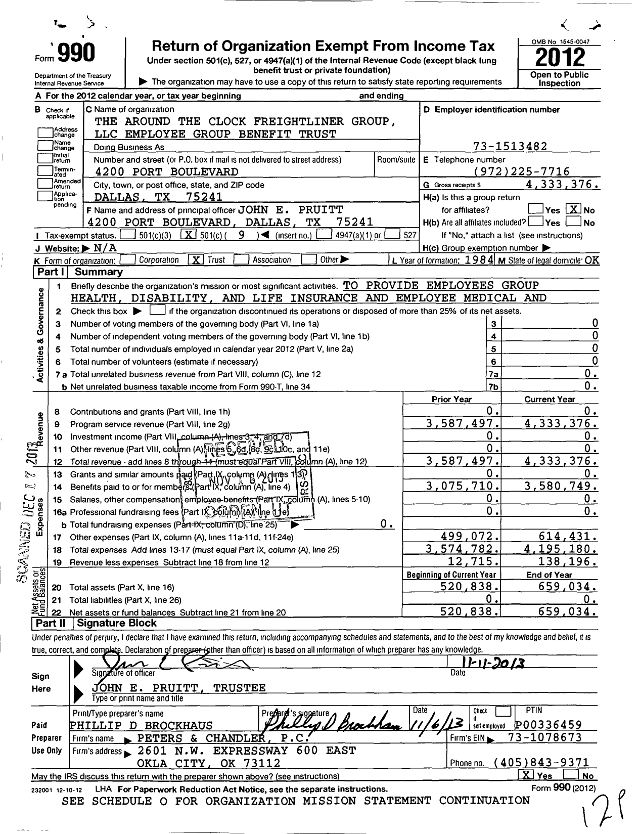 Image of first page of 2012 Form 990O for Around the Clock Freightliner Group Employee Benefit Trust