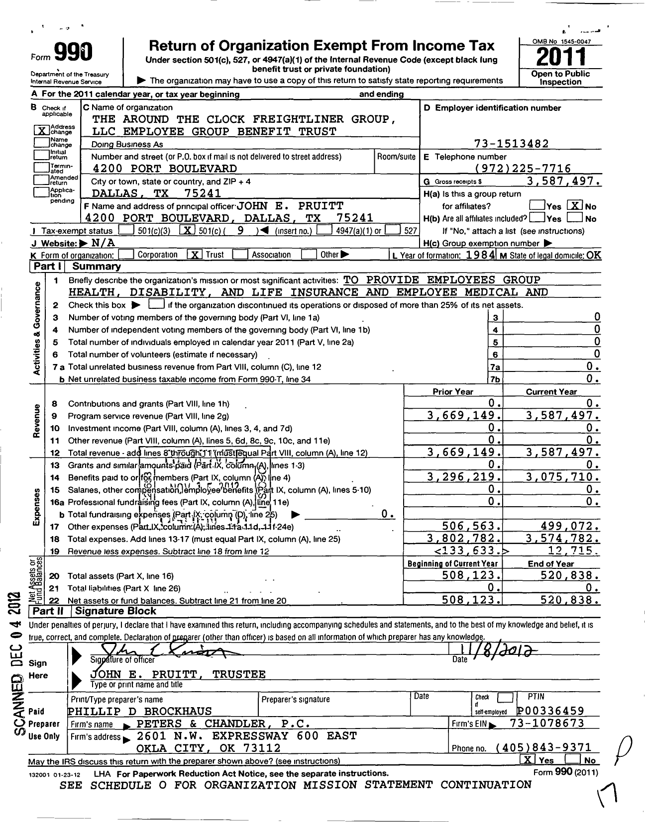 Image of first page of 2011 Form 990O for Around the Clock Freightliner Group Employee Benefit Trust