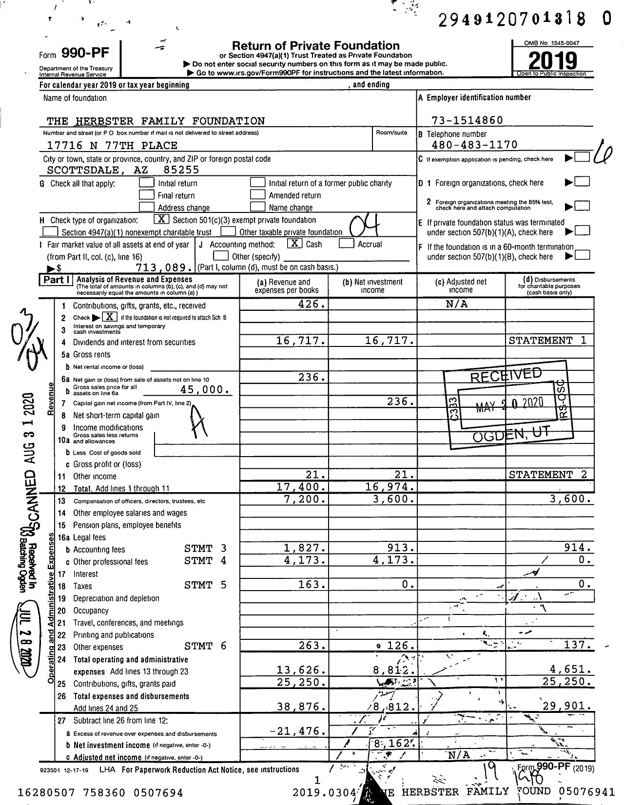 Image of first page of 2019 Form 990PR for The Herbster Family Foundation