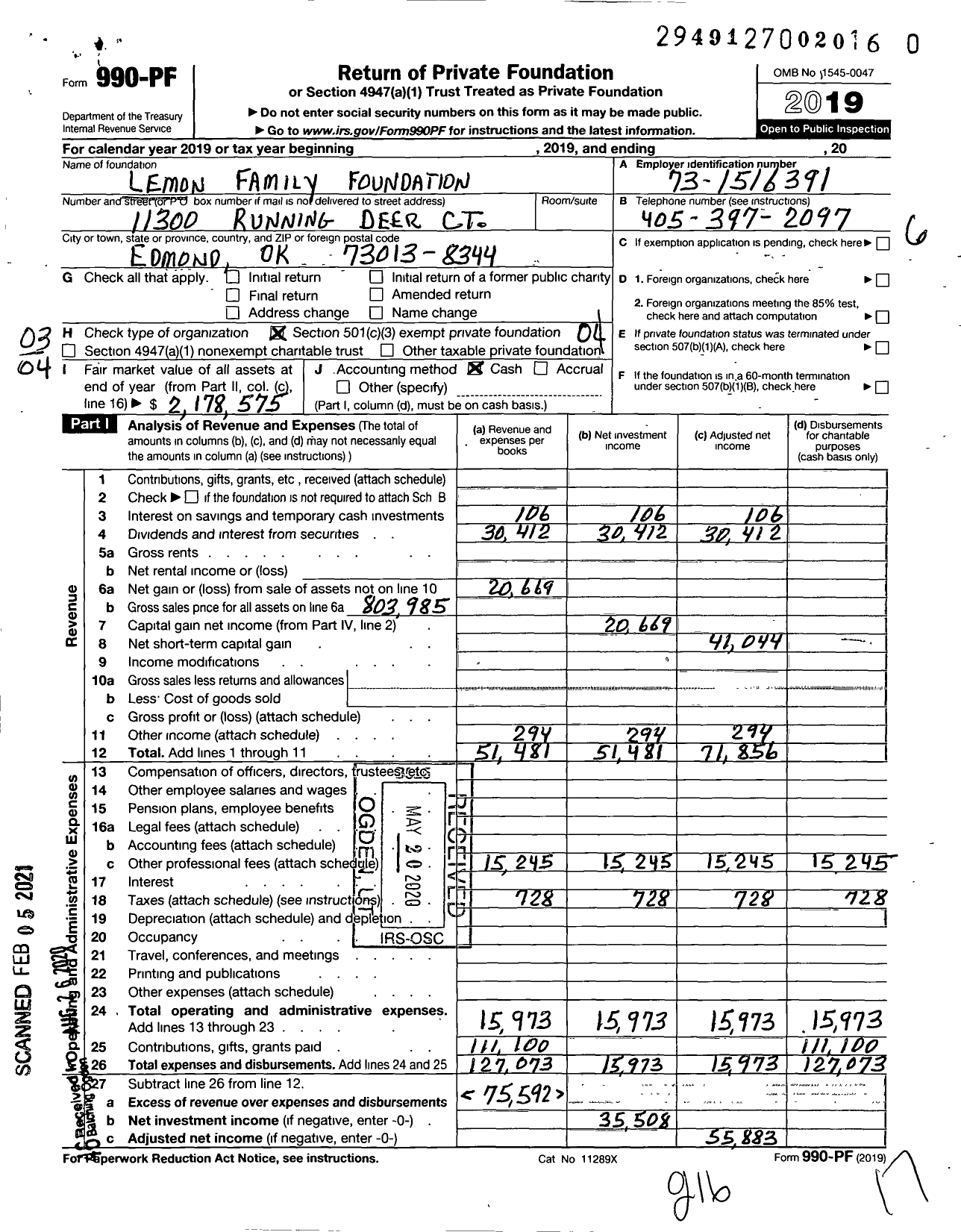 Image of first page of 2019 Form 990PF for Lemon Family Foundation