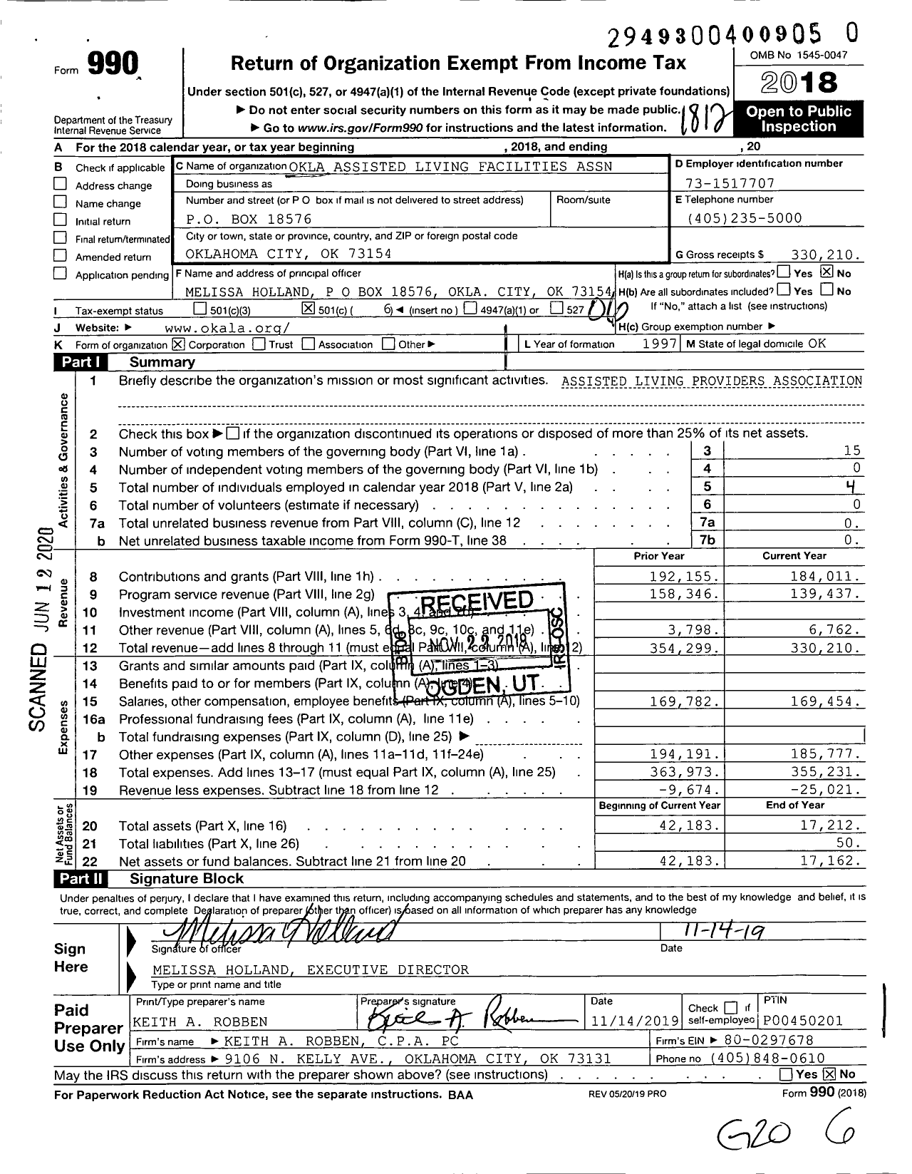 Image of first page of 2018 Form 990O for Okla Assisted Living Facilities Asn