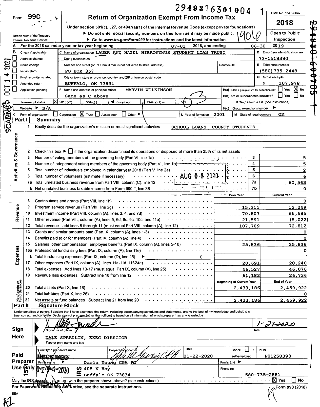 Image of first page of 2018 Form 990 for Lauer and Hazel Hieronymus Student Loan Trust