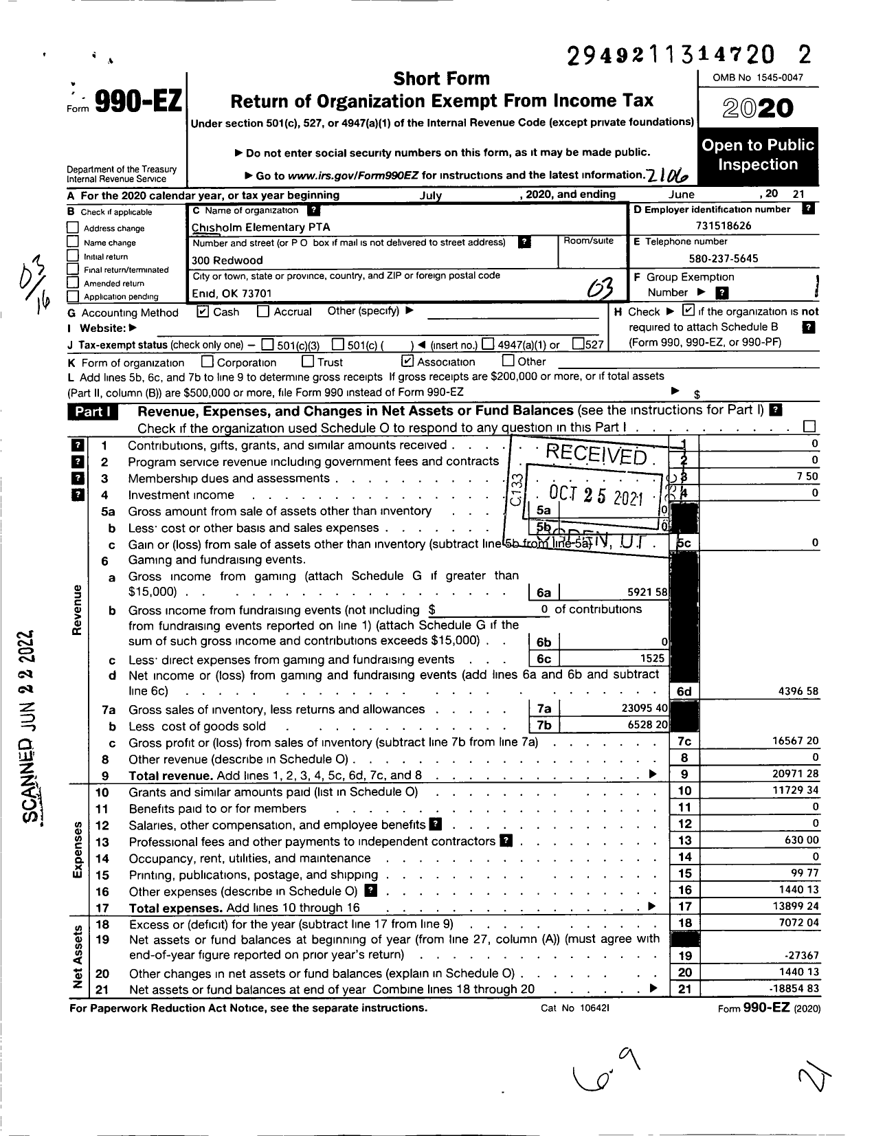 Image of first page of 2020 Form 990EZ for Chisholm Elementary PTA