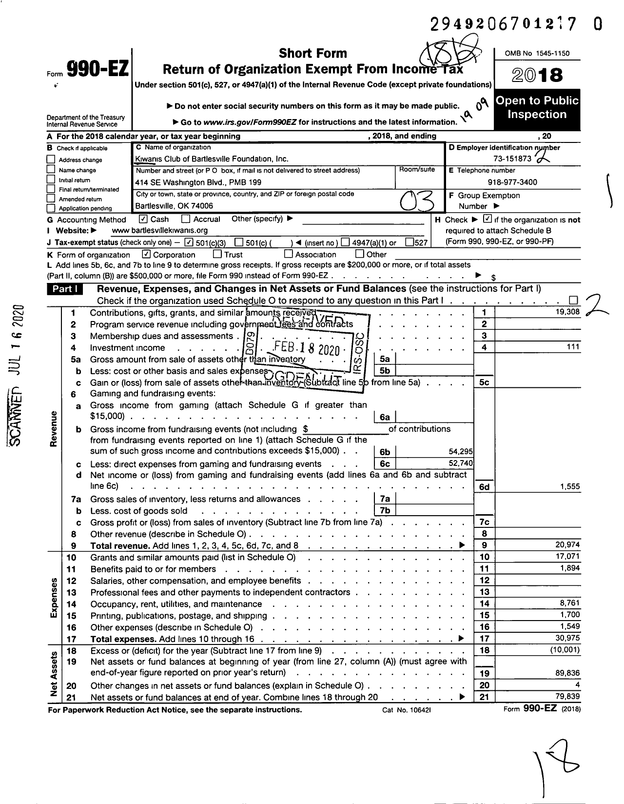 Image of first page of 2018 Form 990EZ for Kiwanis Club of Bartlesville Foundation