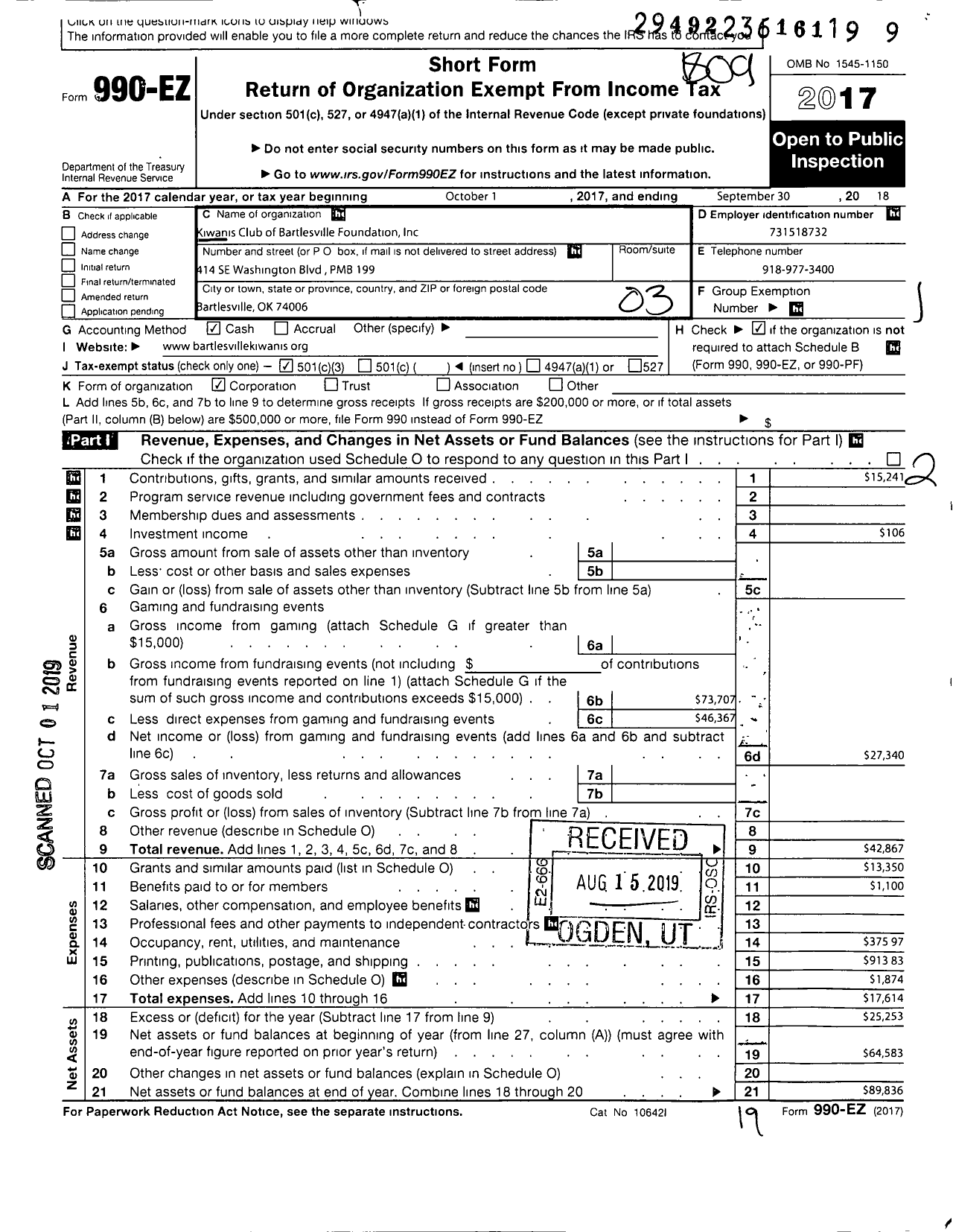 Image of first page of 2017 Form 990EZ for Kiwanis Club of Bartlesville Foundation