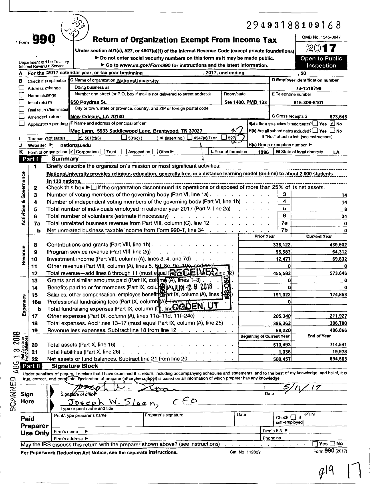 Image of first page of 2017 Form 990 for Nations University