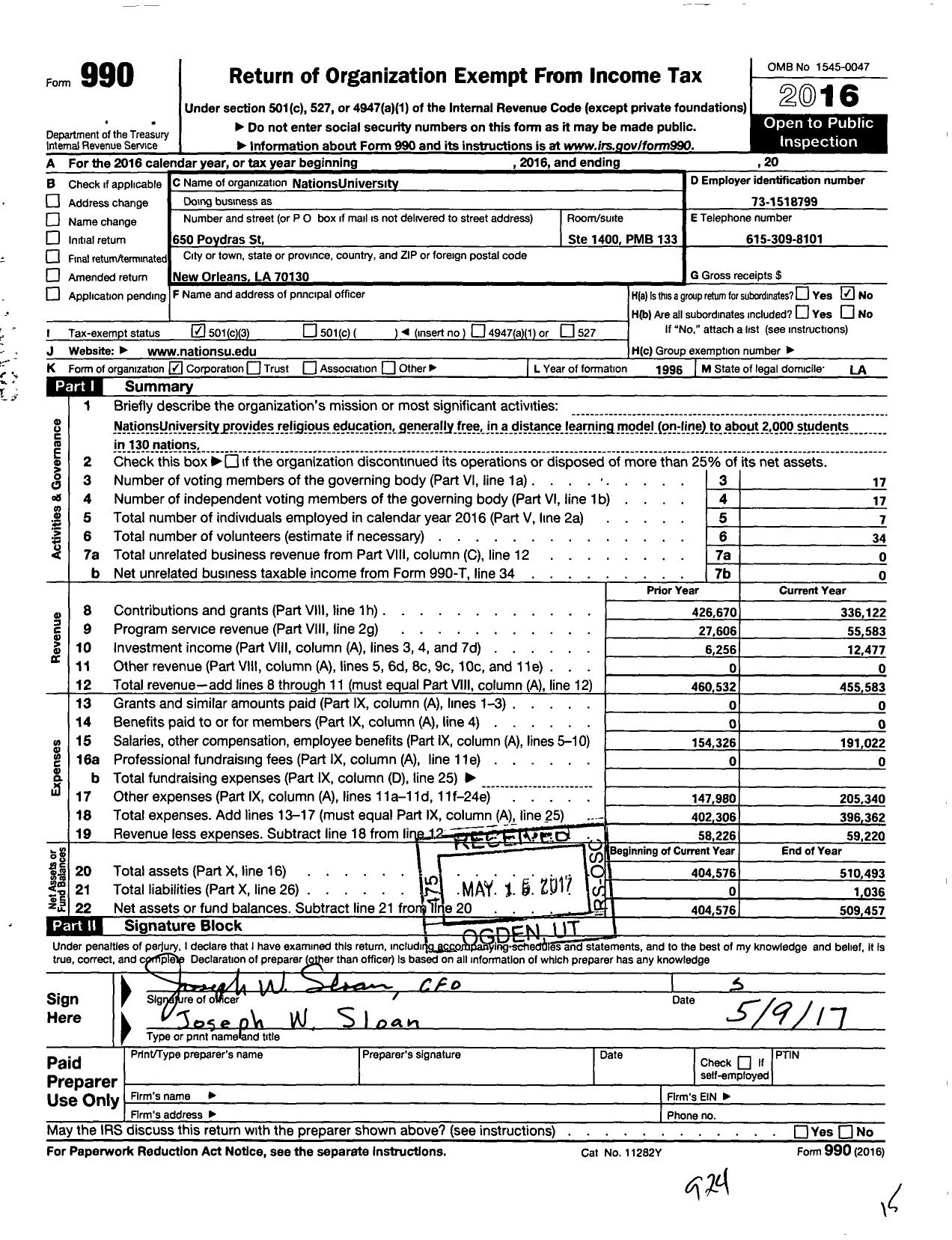 Image of first page of 2016 Form 990 for Nations University