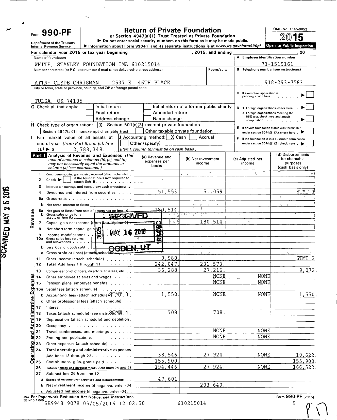 Image of first page of 2015 Form 990PF for White Stanley Foundation Ima 9231-01-04