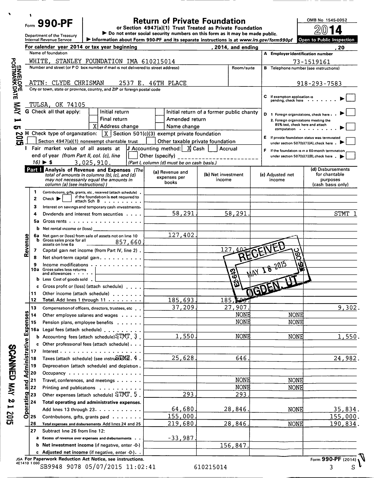 Image of first page of 2014 Form 990PF for White Stanley Foundation Ima 9231-01-04