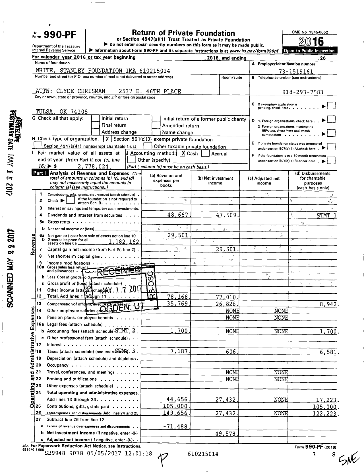 Image of first page of 2016 Form 990PF for White Stanley Foundation Ima 9231-01-04