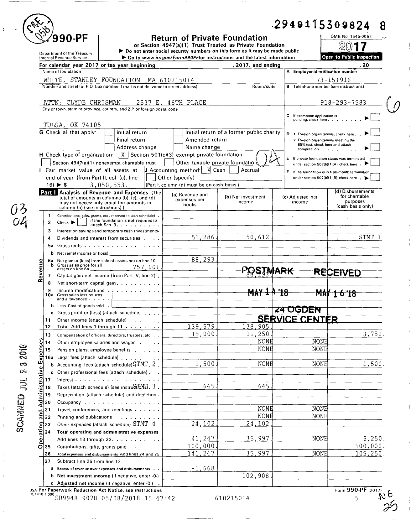 Image of first page of 2017 Form 990PF for White Stanley Foundation Ima 9231-01-04