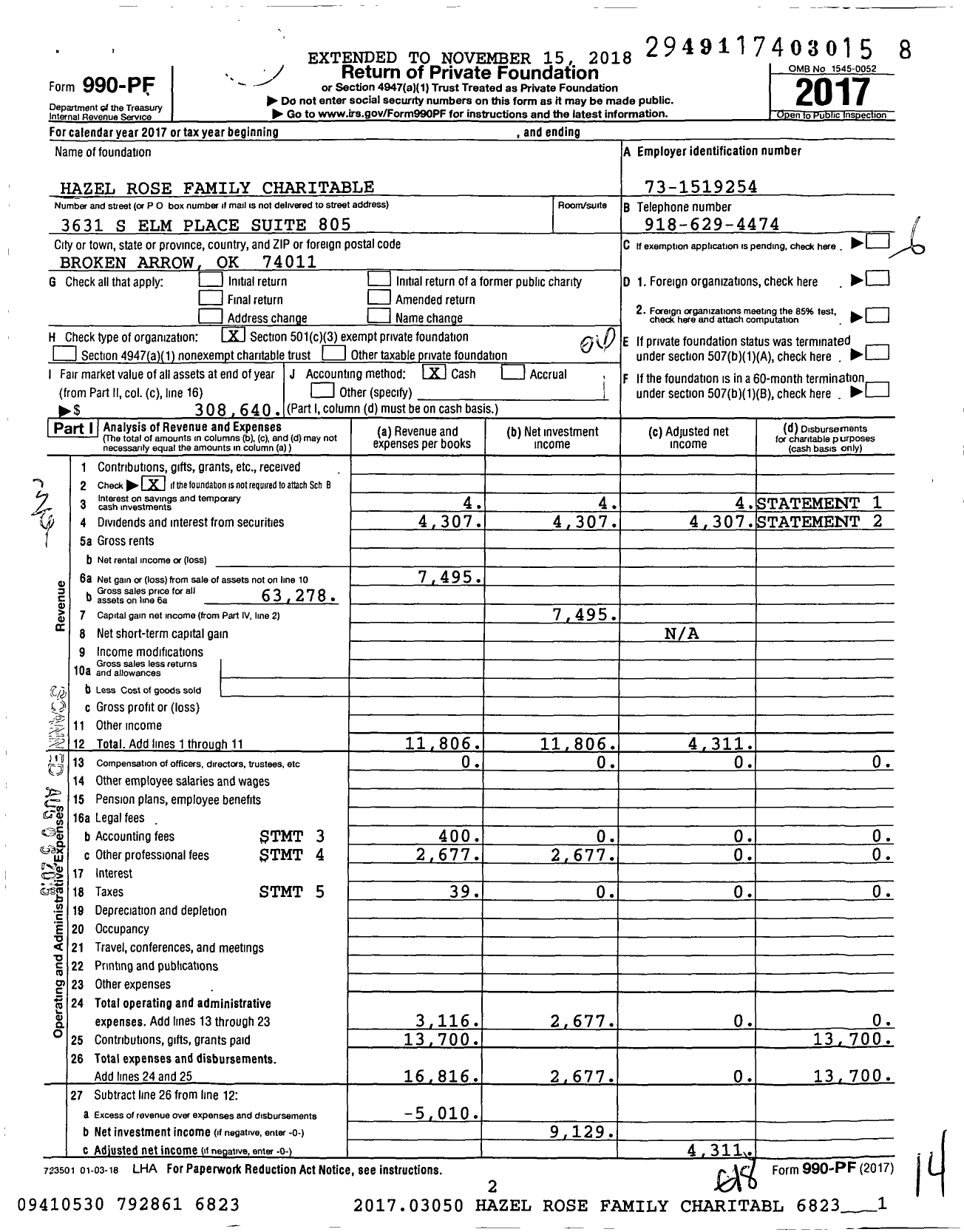 Image of first page of 2017 Form 990PF for Hazel Rose Family Charitable Foundation