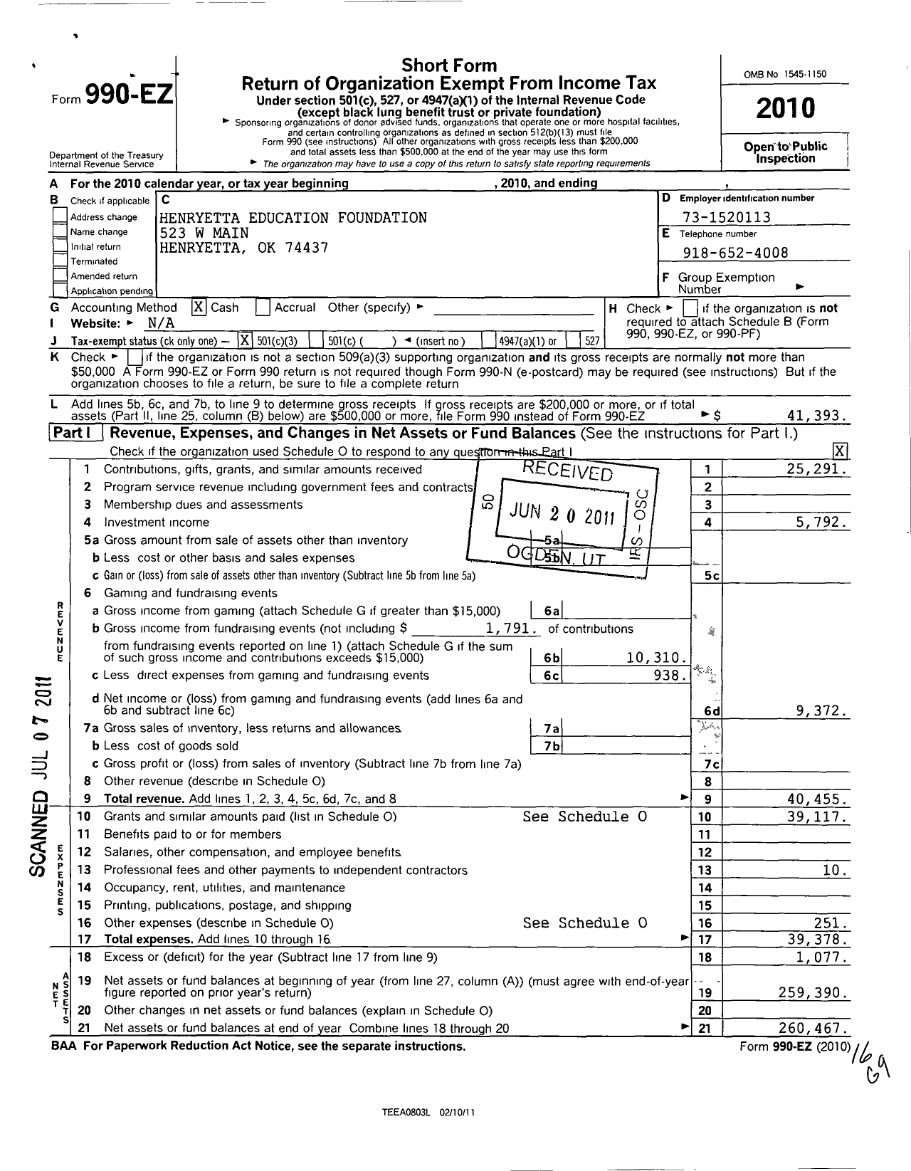 Image of first page of 2010 Form 990EZ for Henryetta Education Foundation