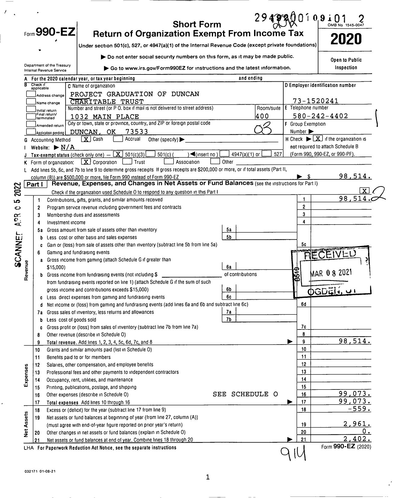 Image of first page of 2020 Form 990EZ for Project Graduation of Duncan Charitable Trust