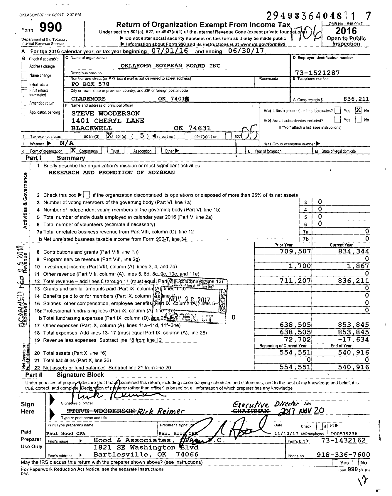 Image of first page of 2016 Form 990O for Oklahoma Soybean Board