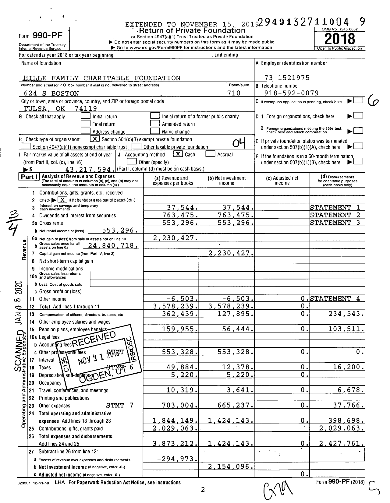 Image of first page of 2018 Form 990PF for Hille Foundation