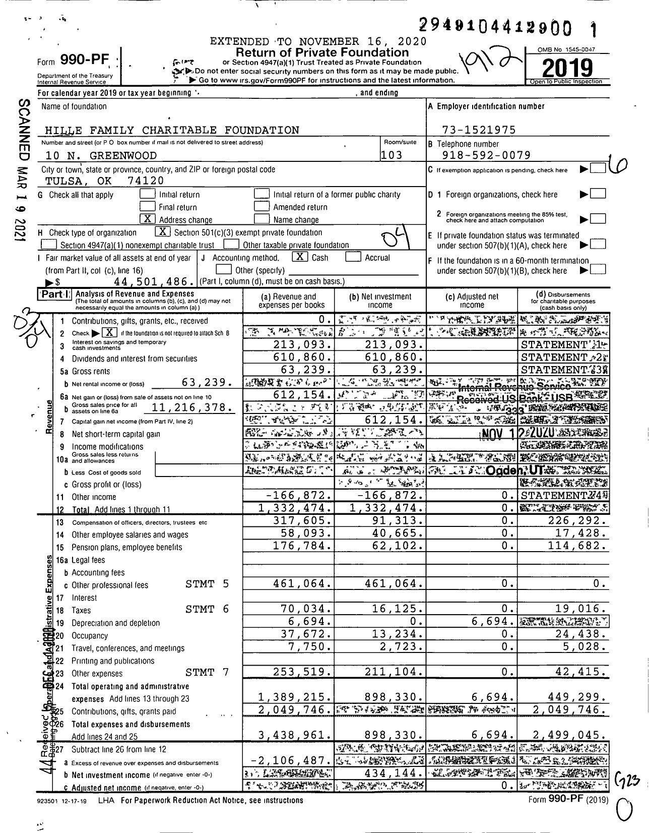 Image of first page of 2019 Form 990PF for Hille Foundation