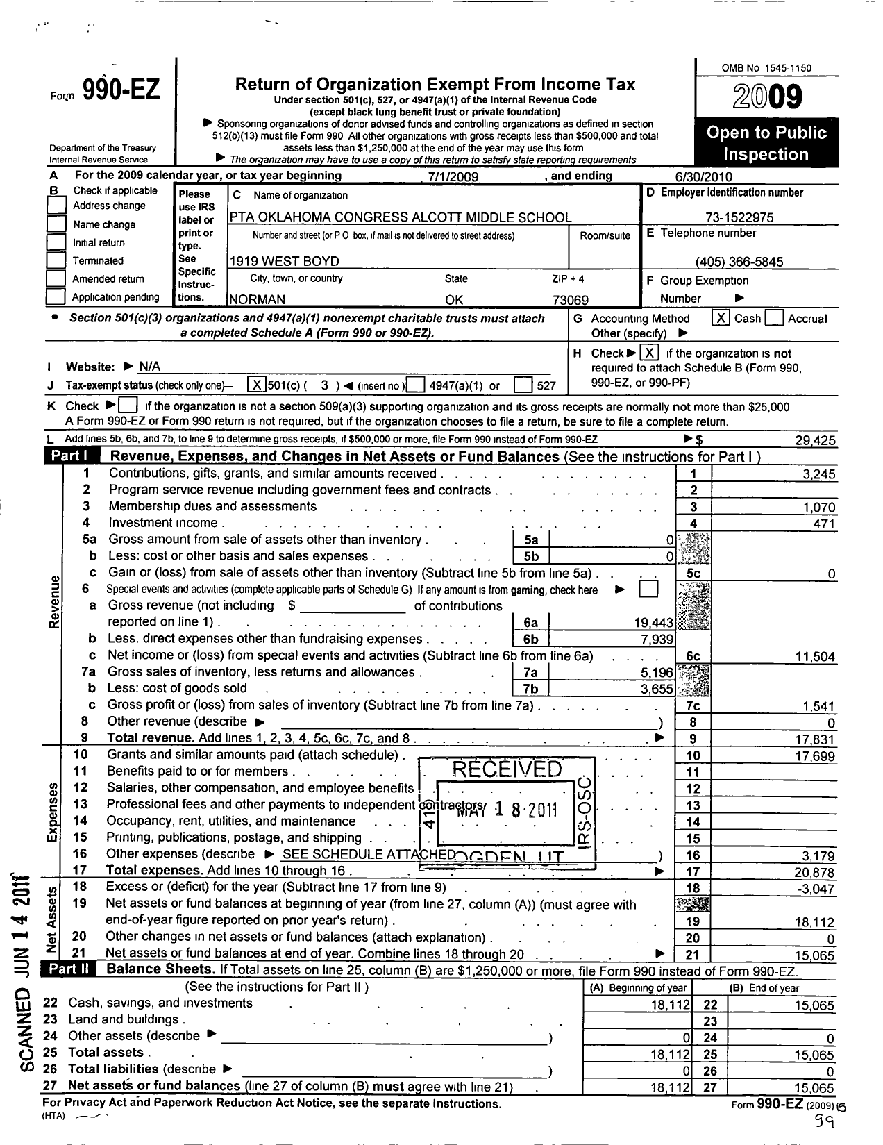 Image of first page of 2009 Form 990EZ for PTA Oklahoma Congress / Alcott Middle School