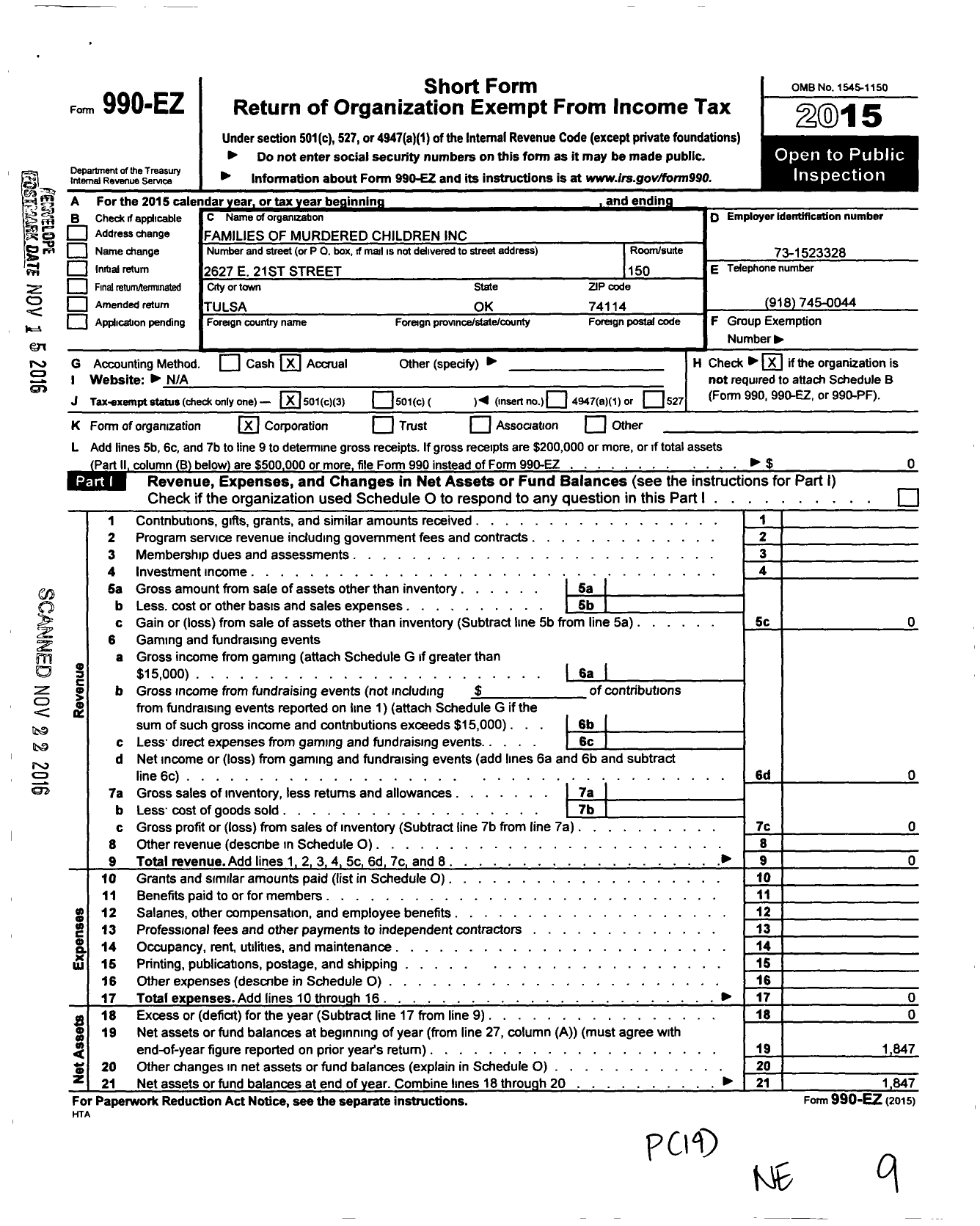 Image of first page of 2015 Form 990EZ for Families of Murdered Children