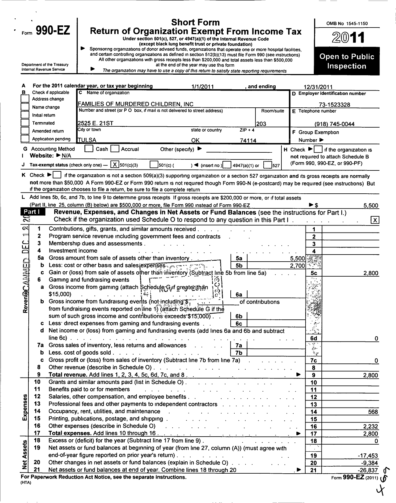 Image of first page of 2011 Form 990EZ for Families of Murdered Children