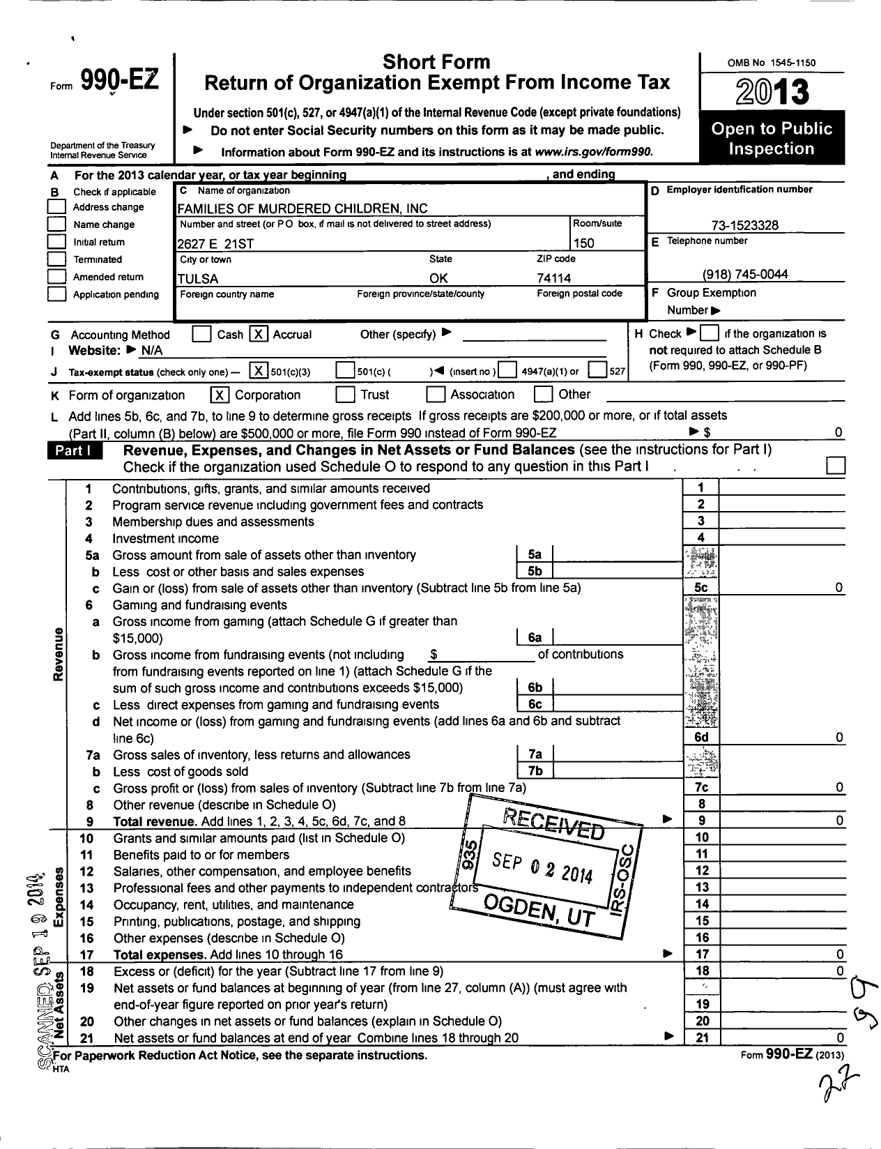 Image of first page of 2013 Form 990EZ for Families of Murdered Children