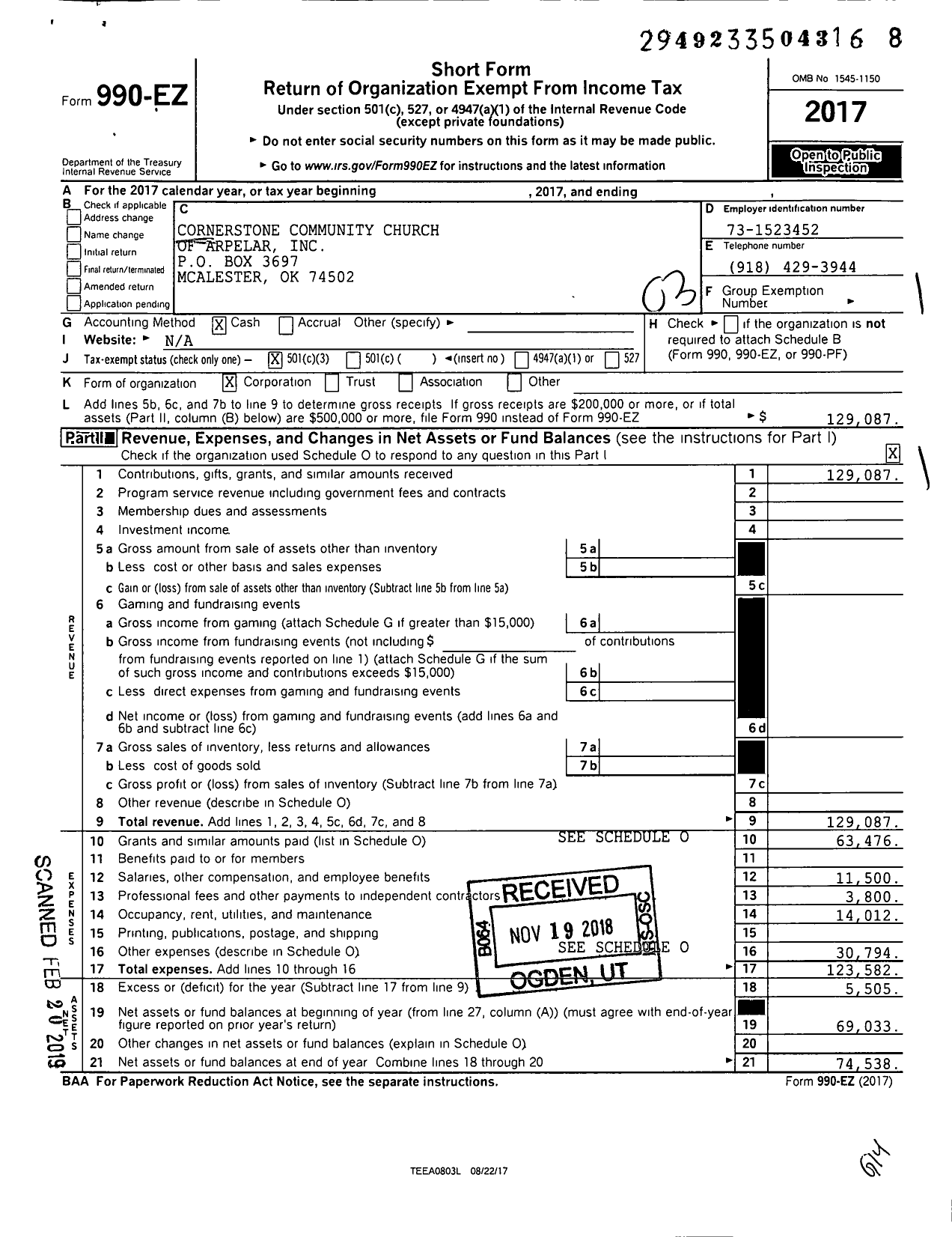 Image of first page of 2017 Form 990EZ for Cornerstone Community Church of Arpelar