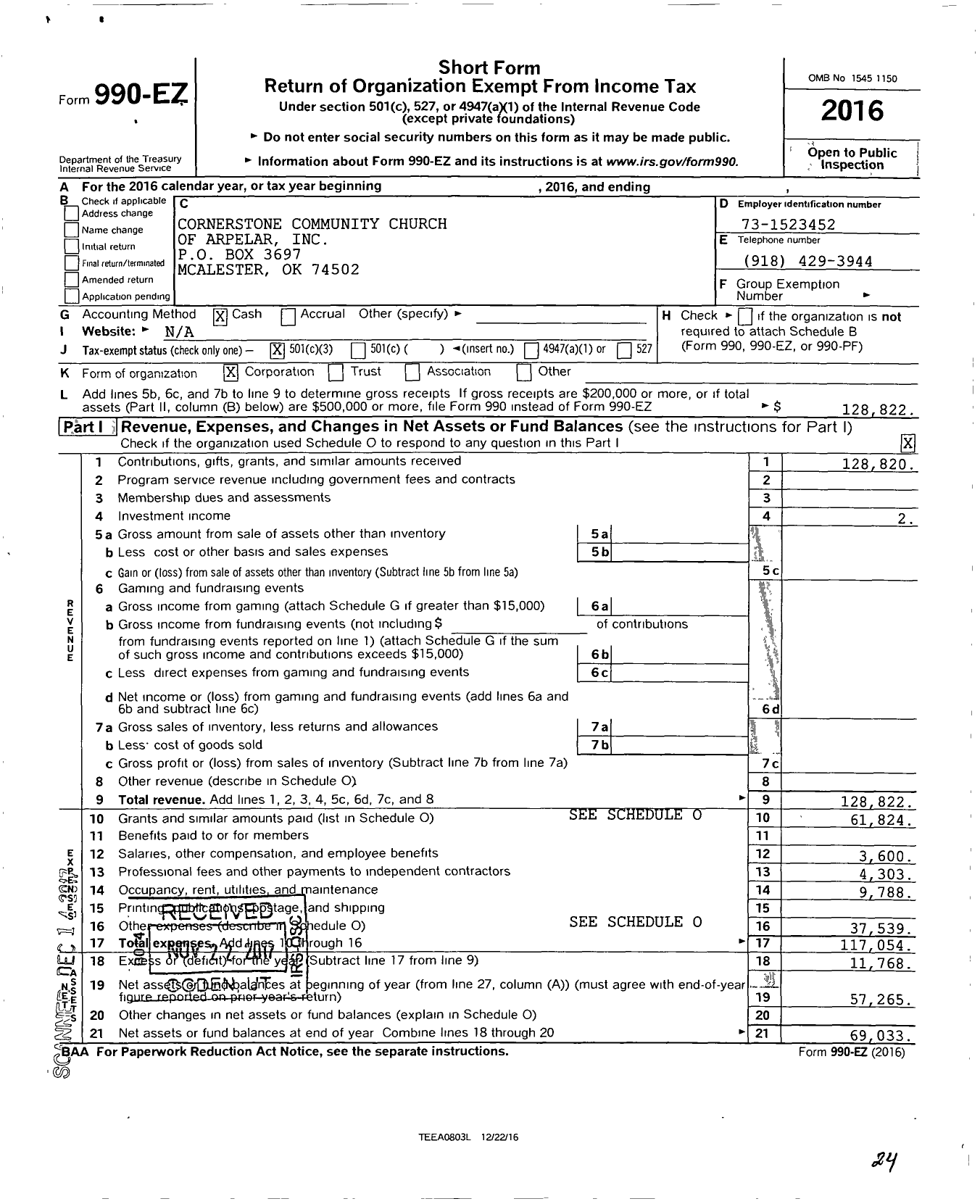 Image of first page of 2016 Form 990EZ for Cornerstone Community Church of Arpelar