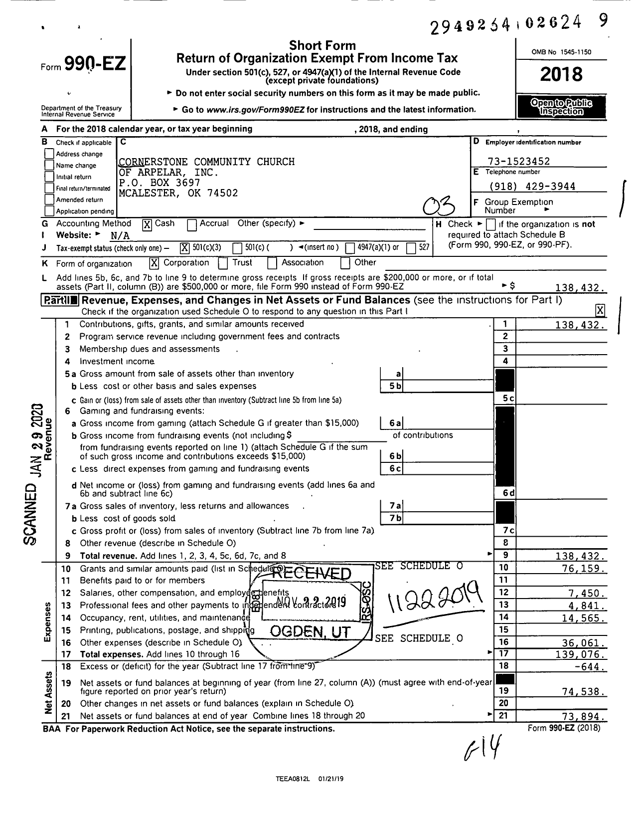 Image of first page of 2018 Form 990EZ for Cornerstone Community Church of Arpelar