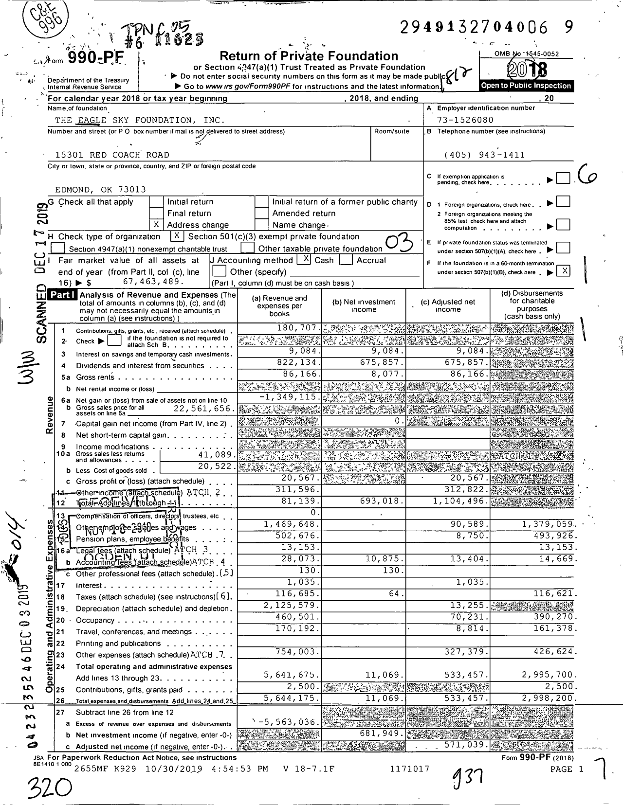 Image of first page of 2018 Form 990PF for The Eagle Sky Foundation