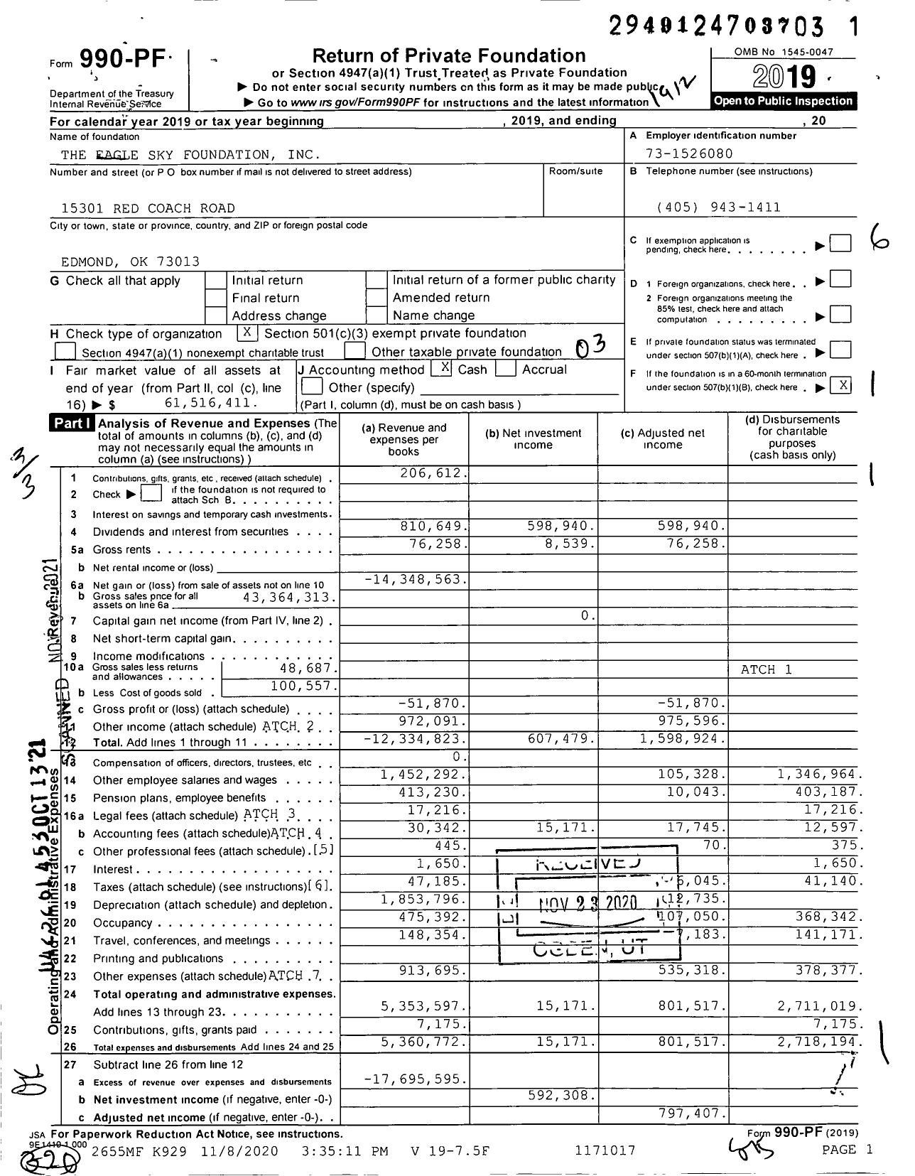 Image of first page of 2019 Form 990PF for The Eagle Sky Foundation