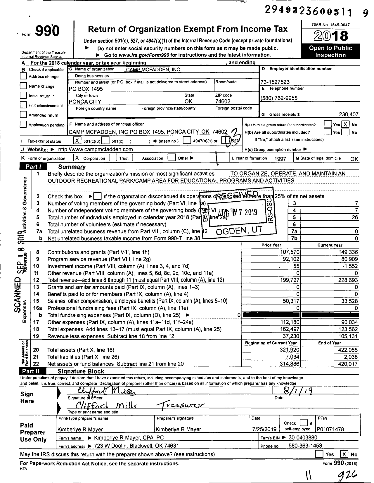 Image of first page of 2018 Form 990 for Camp Mcfadden