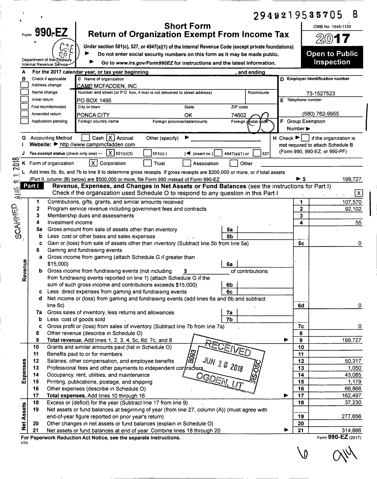 Image of first page of 2017 Form 990EZ for Camp Mcfadden