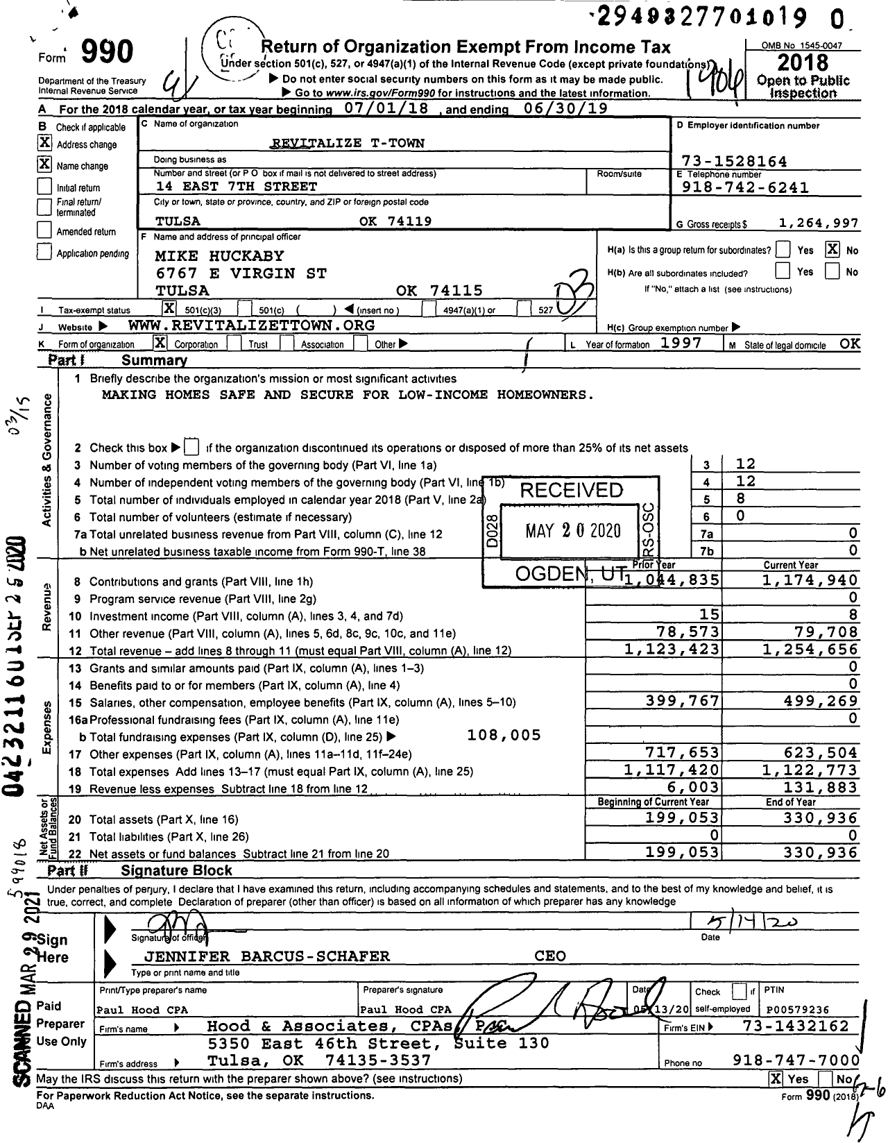 Image of first page of 2018 Form 990 for Revitalize T-Town