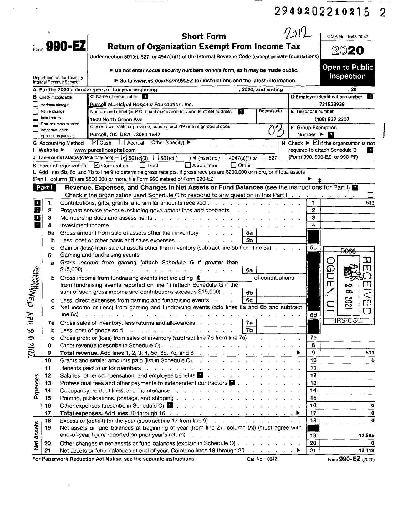 Image of first page of 2020 Form 990EZ for Purcell Municipal Hospital Foundation