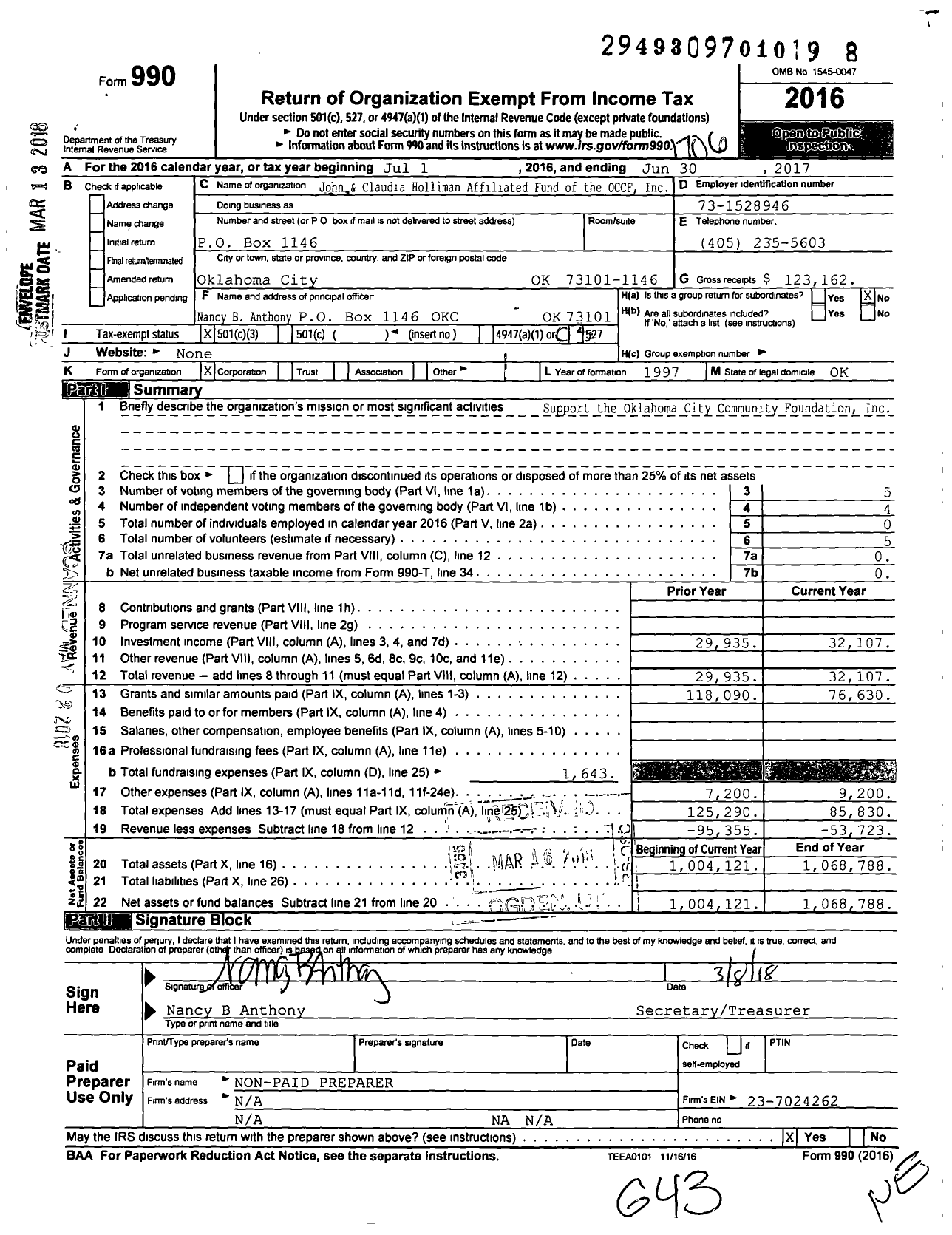 Image of first page of 2016 Form 990 for John and Claudia Holliman Affiliated Fund of the OCCF