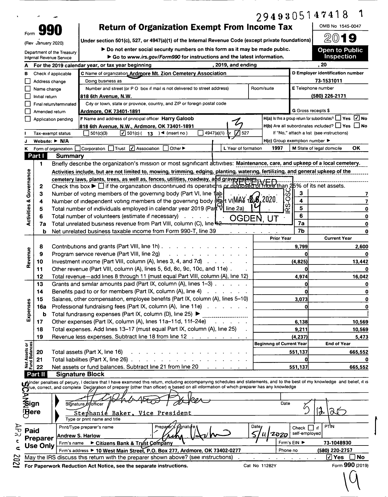 Image of first page of 2019 Form 990O for Ardmore MT Zion Cemetery Association