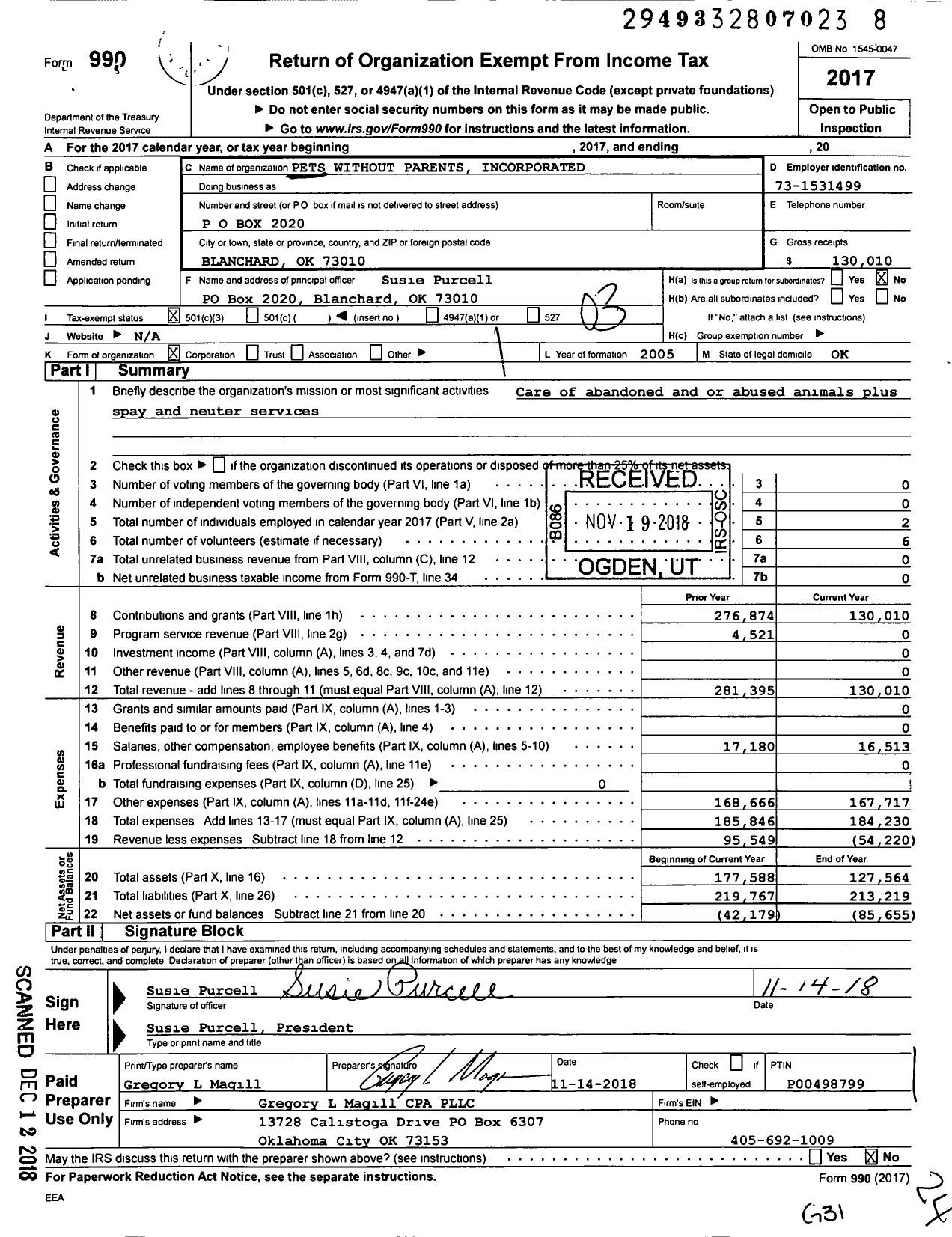 Image of first page of 2017 Form 990 for Pets Without Parents Incorporated