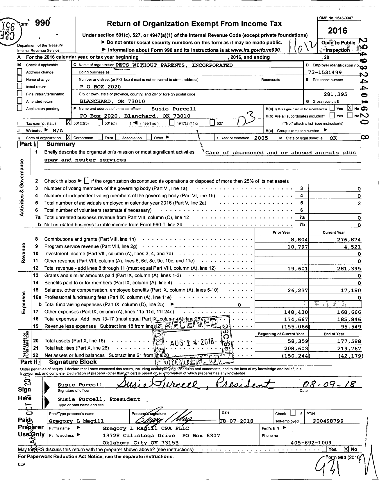 Image of first page of 2016 Form 990 for Pets Without Parents Incorporated