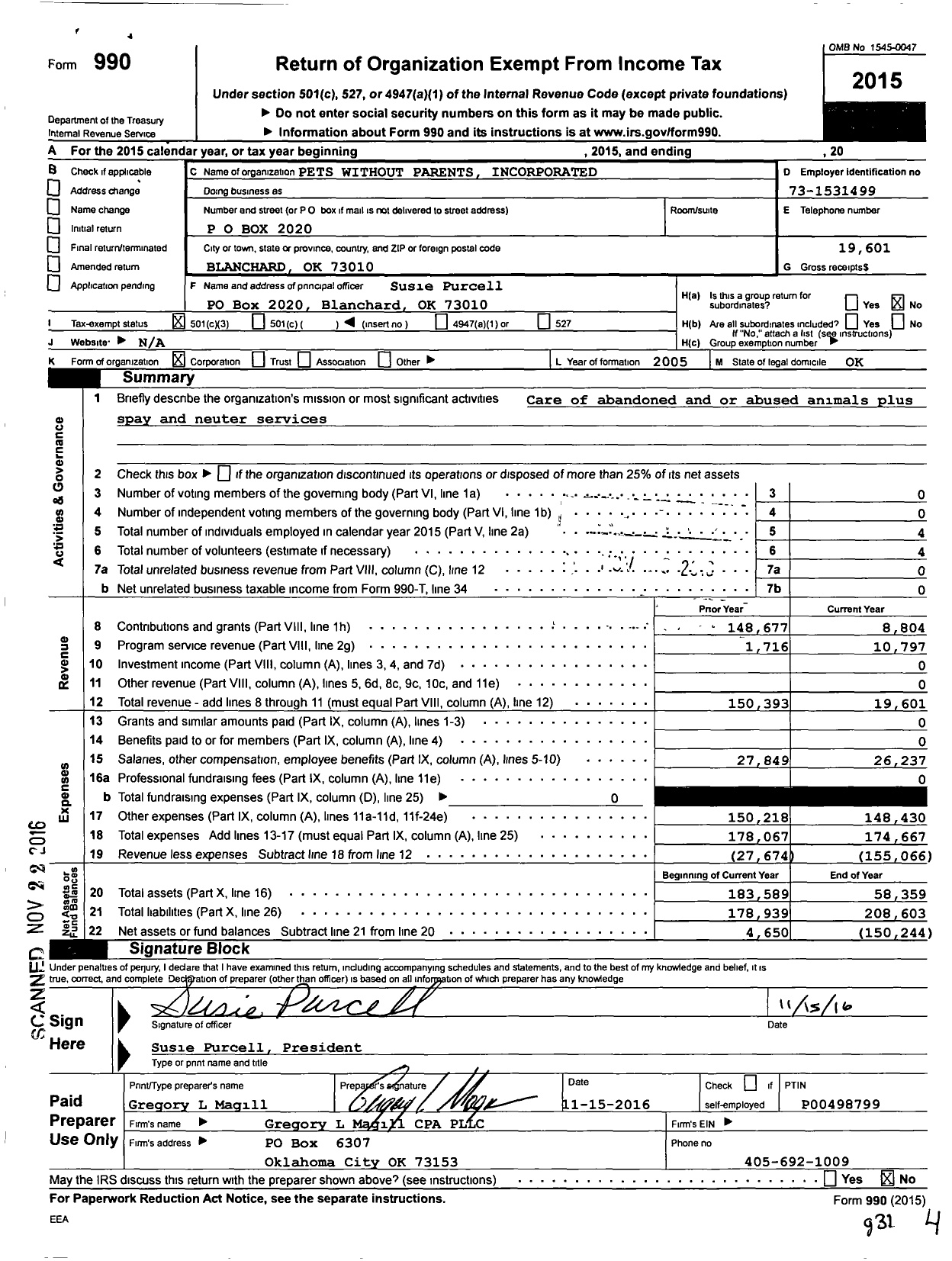 Image of first page of 2015 Form 990 for Pets Without Parents Incorporated