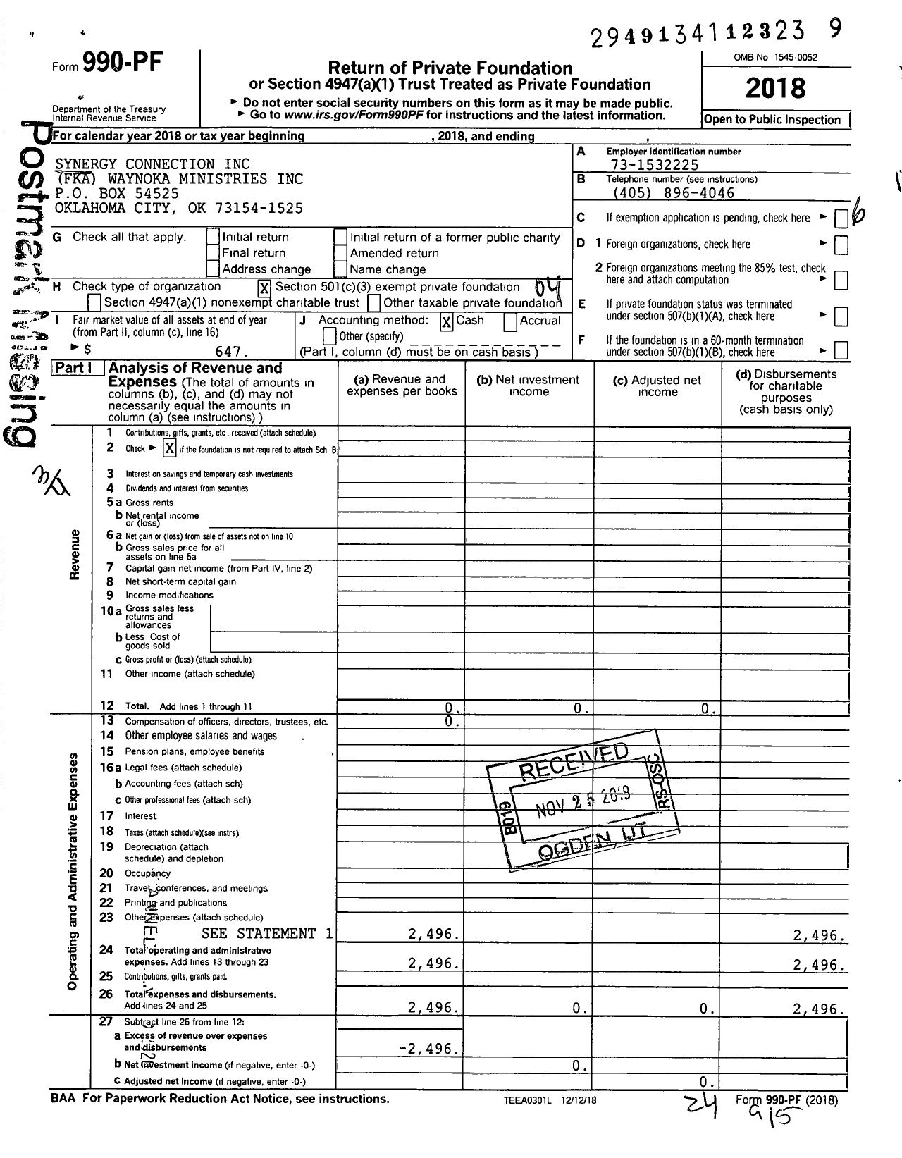 Image of first page of 2018 Form 990PF for Synergy Connection