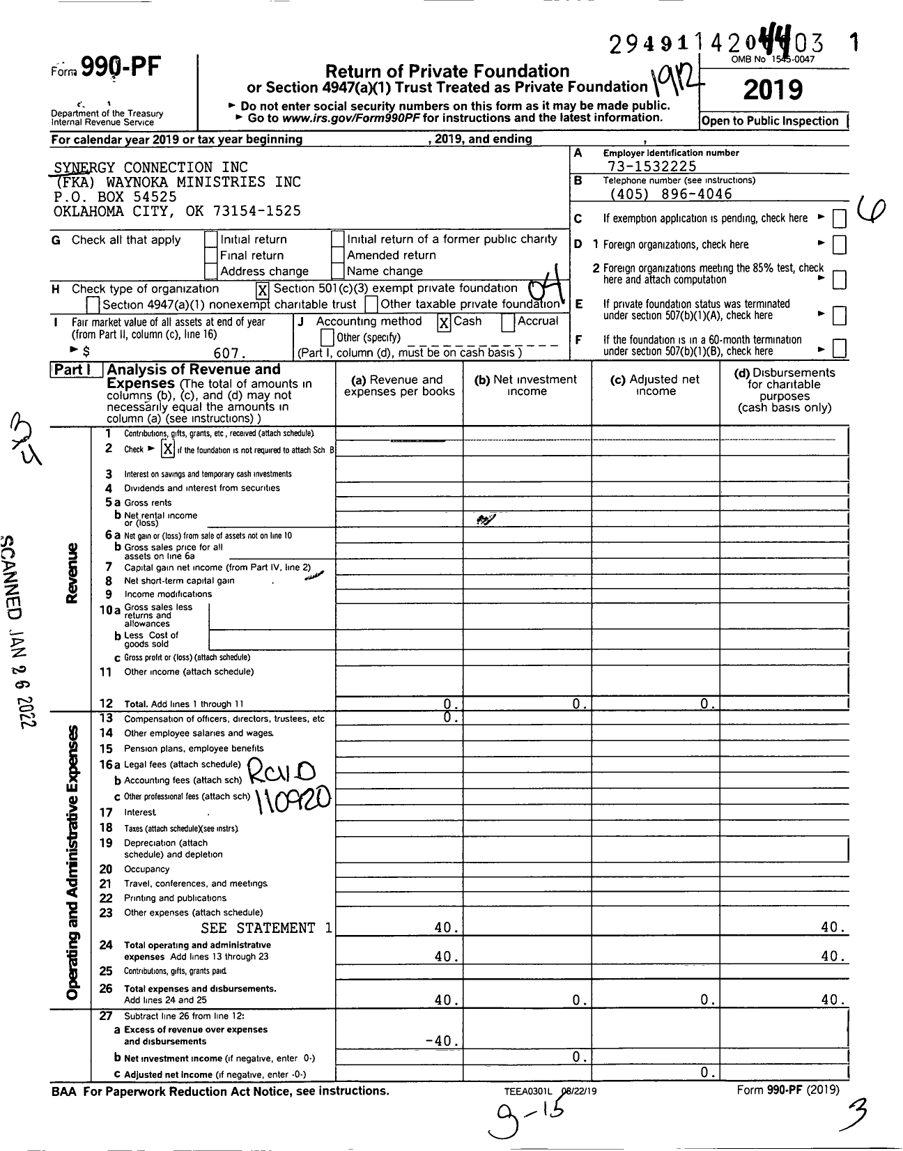 Image of first page of 2019 Form 990PF for Synergy Connection