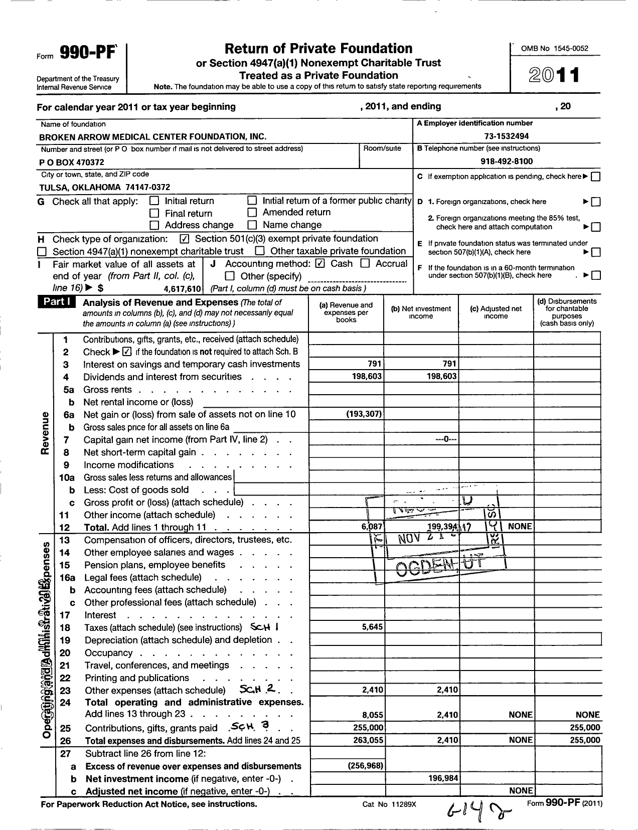 Image of first page of 2011 Form 990PF for Broken Arrow Medical Center Foundation