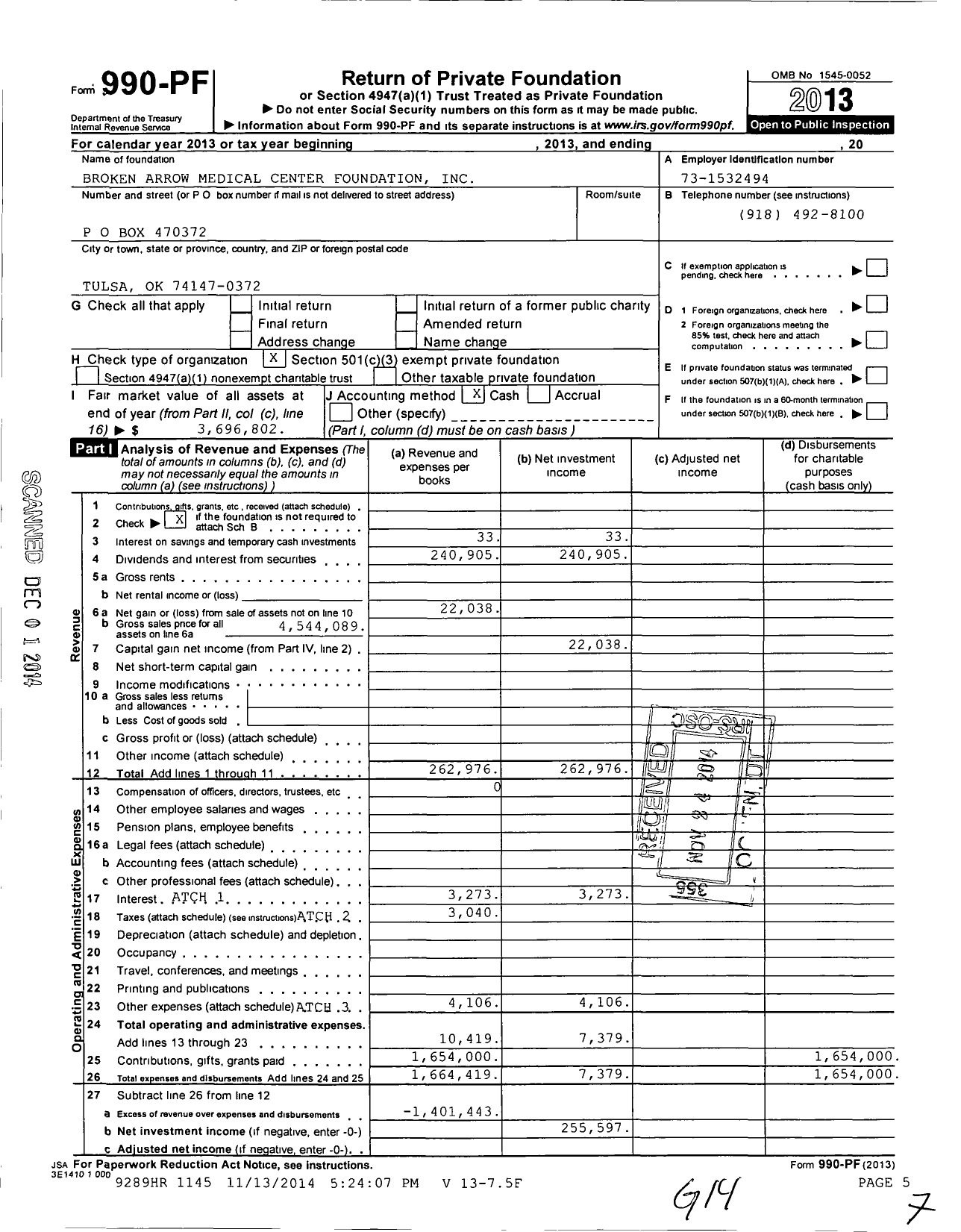 Image of first page of 2013 Form 990PF for Broken Arrow Medical Center Foundation